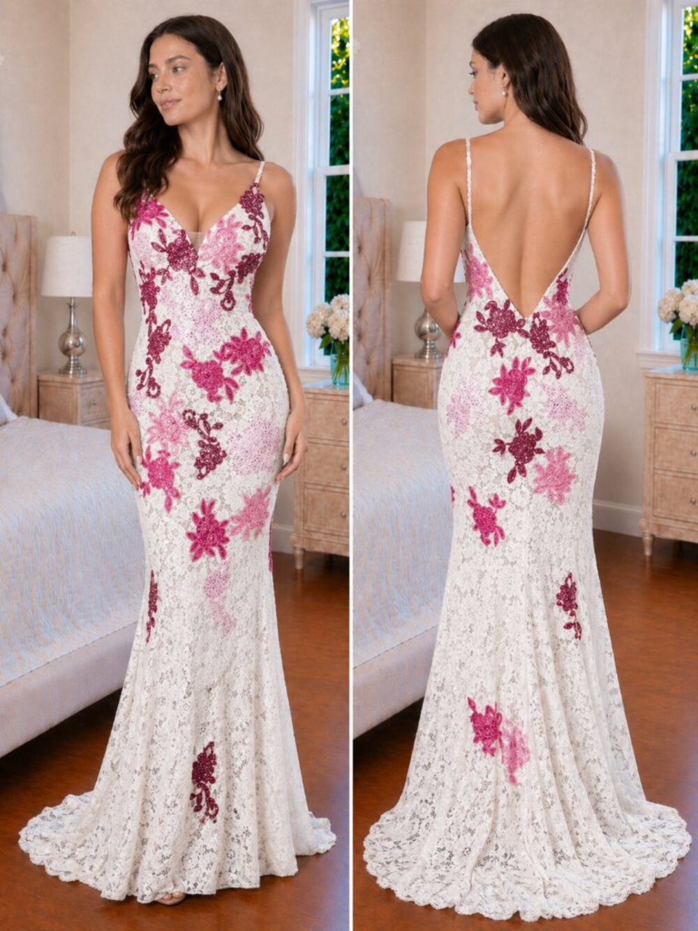 Jovani White Pink Open Back Lace Formal Gown $700